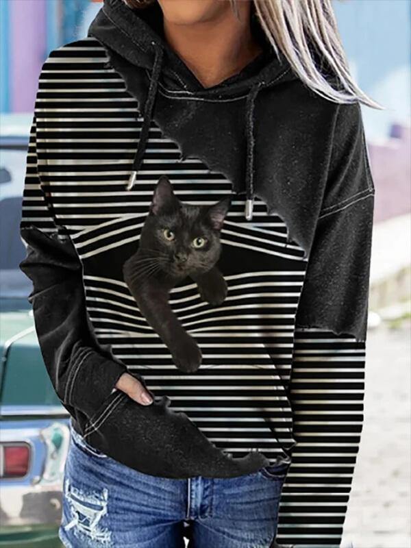 Women Black Cat Print Patchwork Striped Long Sleeve Hooded Sweatshirt - CHALIER