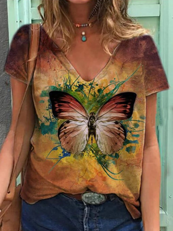 Women Butterfly Printed Casual Short Sleeve T-Shirt