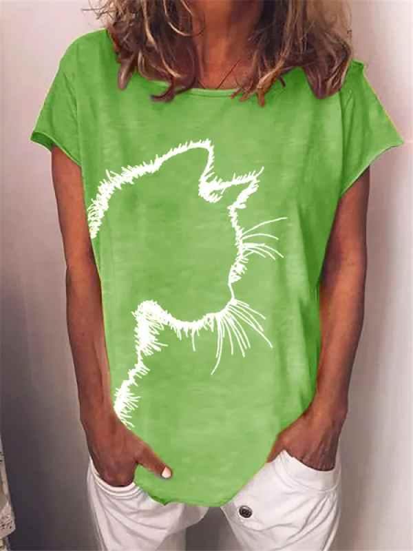 Cat Printed Crew Neck Casual Short Sleeve T-Shirt - CHALIER