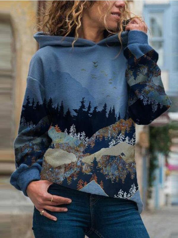 Ladies Mountain Treetop Print Hooded Sweatshirt - CHALIER