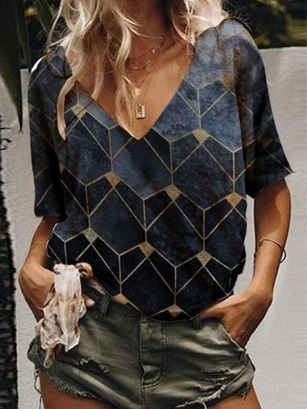 Women Geometric Printed V Neck Short Sleeve T-Shirt