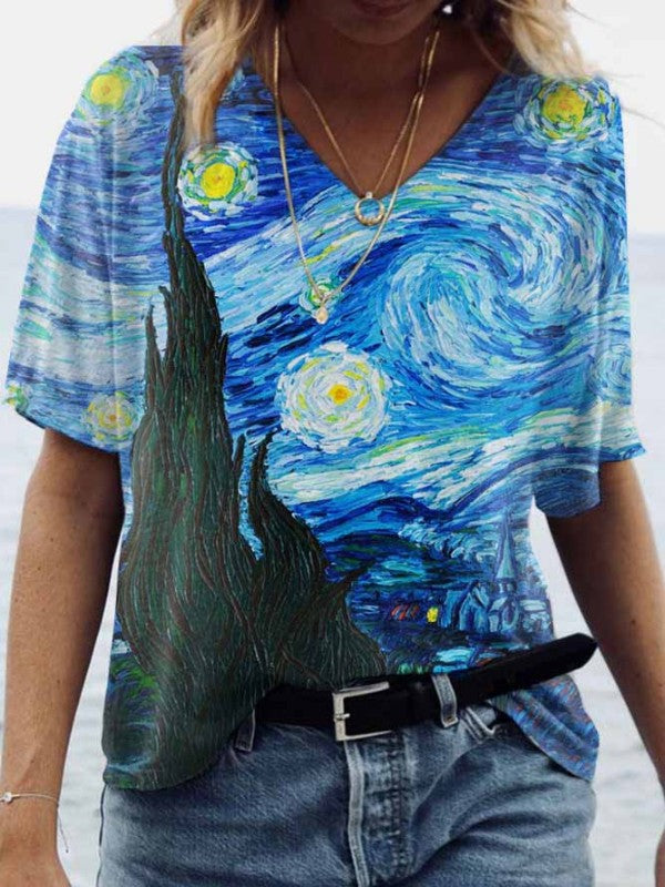 The Starry Night by Van Gogh Printed V-Neck Short Sleeve Top