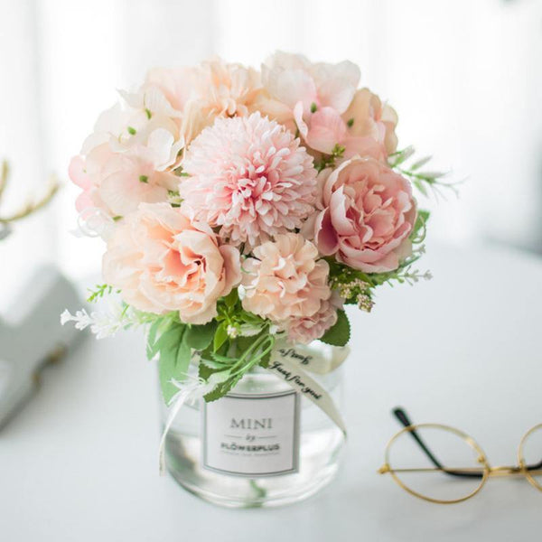 Artificial Fake Flower Set  Roses Peony For Home Decor Includes Glass Vase - CHALIER