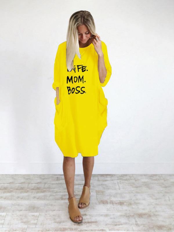 Women's Casual Cotton Letter Prints Loose Tee Dress Pocket Midi Dress Plus Size - CHALIER