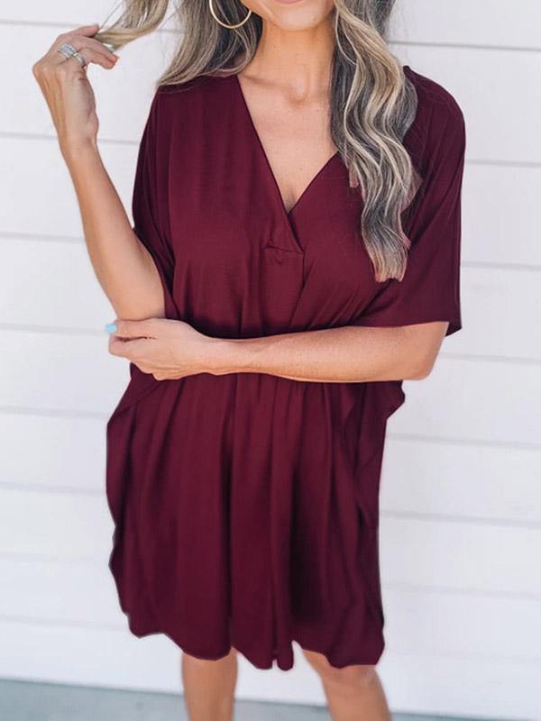 Women's Dresses Casual V-neck Short Sleeve Loose Knee-length T-shirt Mini Dress - CHALIER