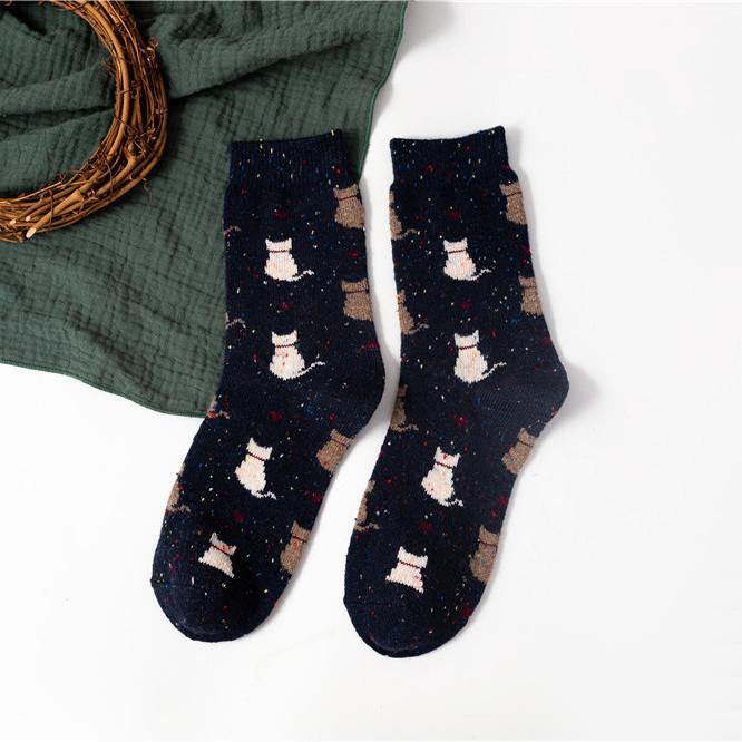 Womens Winter Wool Warm Socks Cartoon Cat pattern Fashion Socks 5 Pairs Set - CHALIER