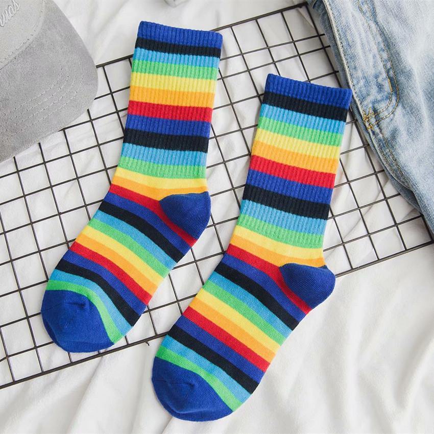 Womens Rainbow Blue Striped Fashion Socks Winter/autumn Cotton Socks - CHALIER