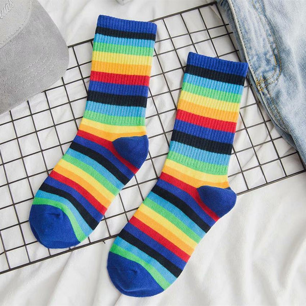 Womens Rainbow Blue Striped Fashion Socks Winter/autumn Cotton Socks - CHALIER