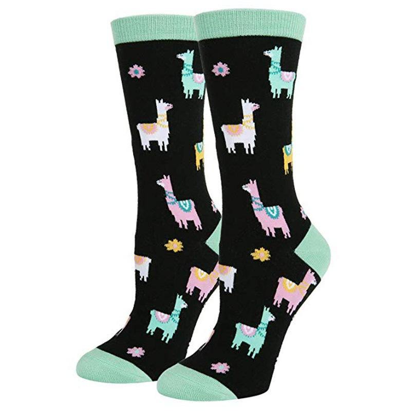 Women Crew Cotton Funny Crazy Novelty Socks Llama Cartoon Print Casual Socks - CHALIER