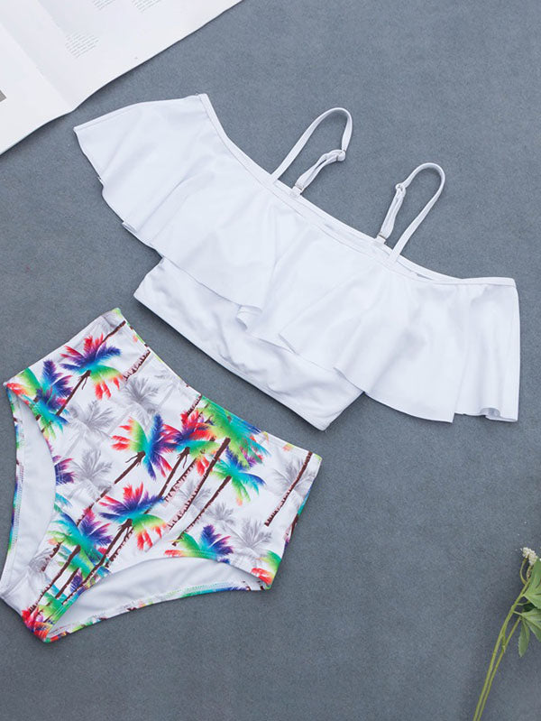 Women's Off Shoulder Swimsuits Tankini Stripe Floral Print Briefs Plus Size