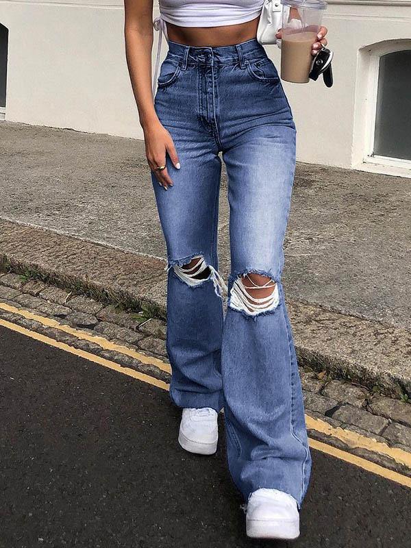 Women's Casual Ripped Bell Bottom Jeans High Waist - CHALIER