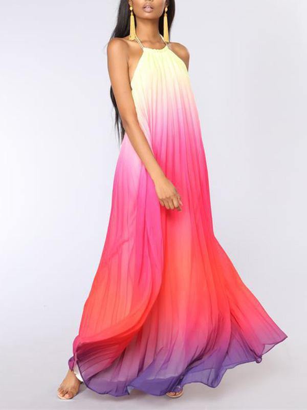 Women's Gradient Chiffon Pleated Maxi Pink Halter Dress Beach Holiday - CHALIER