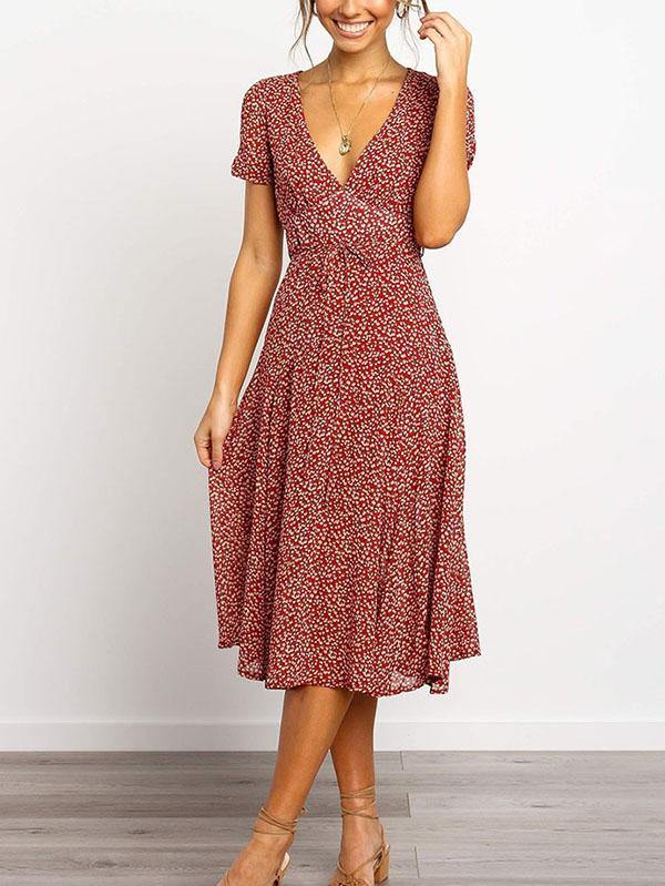 Women's Elegant Floral Printed V-neck Short-sleeved Midi Dress - CHALIER