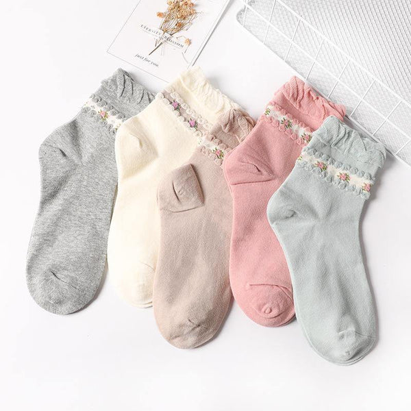 Womens Ditsy Floral Pattern Ruffle Hem Cute Socks 5 pairs - CHALIER