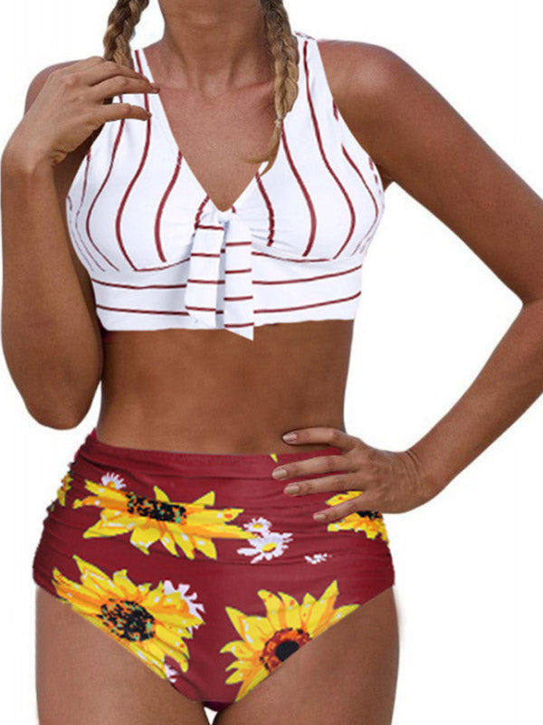 Women's Sunflower Prints Halter Bikini Two-Piece Swimsuits V-Neck