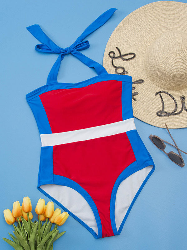 Women's Halter Color Block One Piece Swimsuit Lace Up