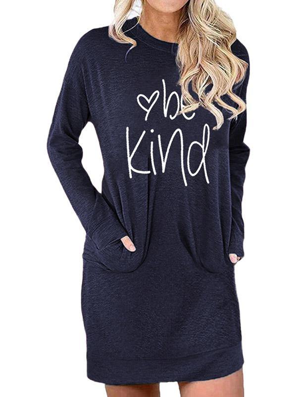 Women's Casual Cotton Letter Print "BE KIND" Tee Dress Pocket Mini Dress Long Sleeve - CHALIER