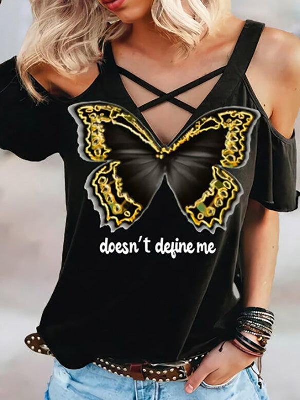 Women's Causual V-Neck Butterfly Prints T-Shirt Off Shoulder Plus Size Tops