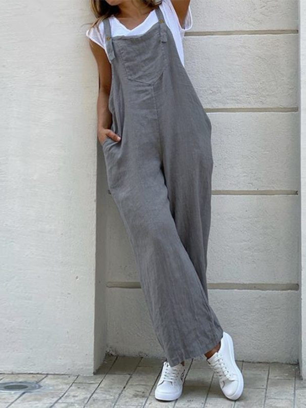 Women's Casual Linen Jumpsuit Solid Color Pants Overalls Plus Size