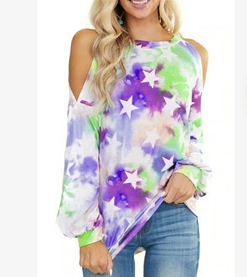Women's Cold Shouler Tie Dye Star Print Long-Sleeve T-shirt - CHALIER