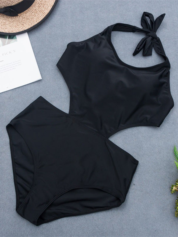 Women's Sexy Black One Piece Lace Up Halter Swimsuits
