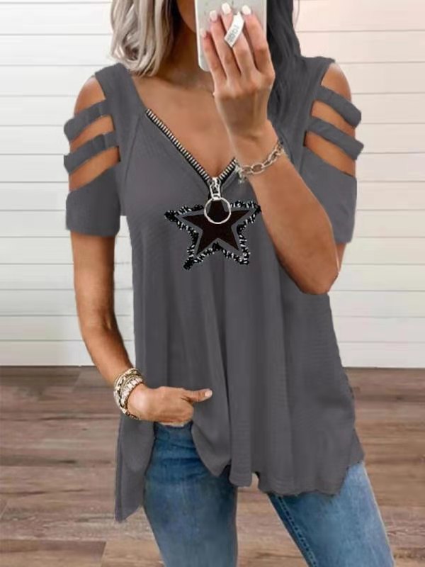 Women's Sexy V-Neck Zippered T-Shirt Star Prints Off-Shoulder Tops Plus Size
