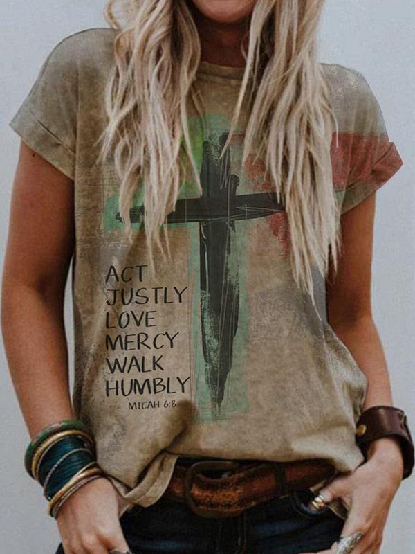 Chalier  Fashion Women's Art Cross ACT JUSTLY LOVE MERCY WALK HUMBLY Printed Casual T-shirt
