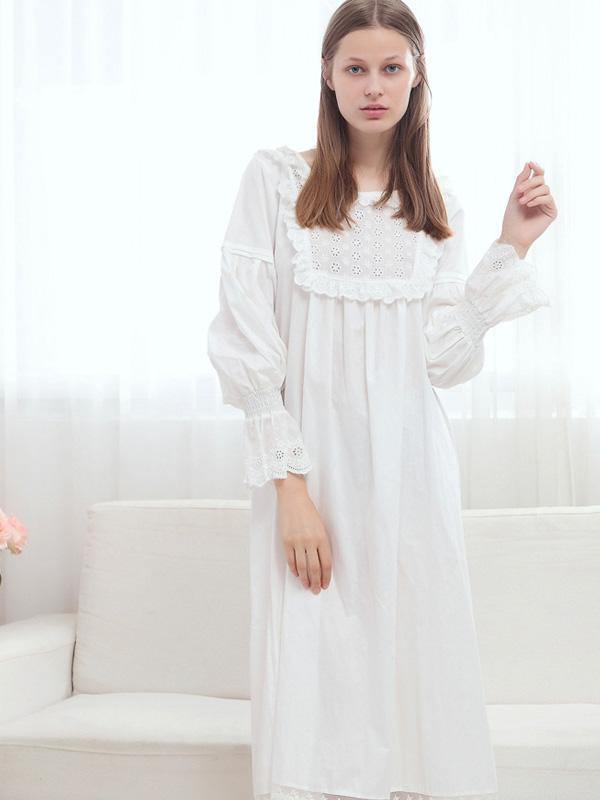 Women's Elegant Vintage Nightdress Cotton Long Sleeve Pyjamas Girls White Dress - CHALIER