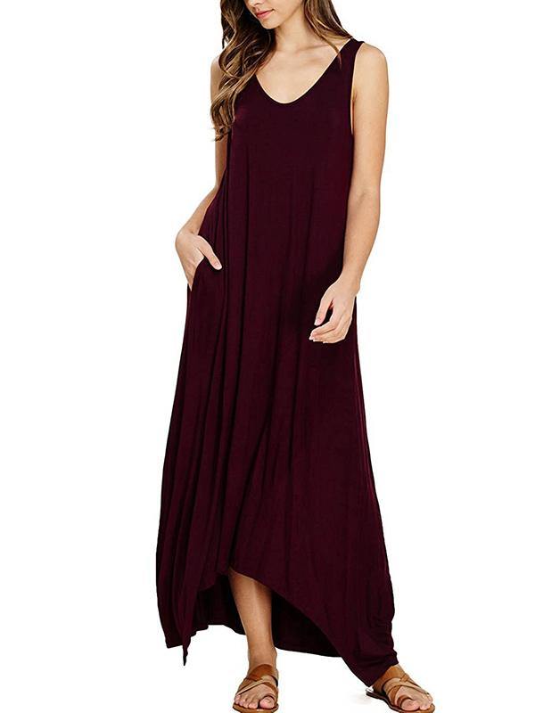 Women's Sleeveless Maxi Dress Casual Pockets Soft Jumper Skirt Solid Beach Dress - CHALIER