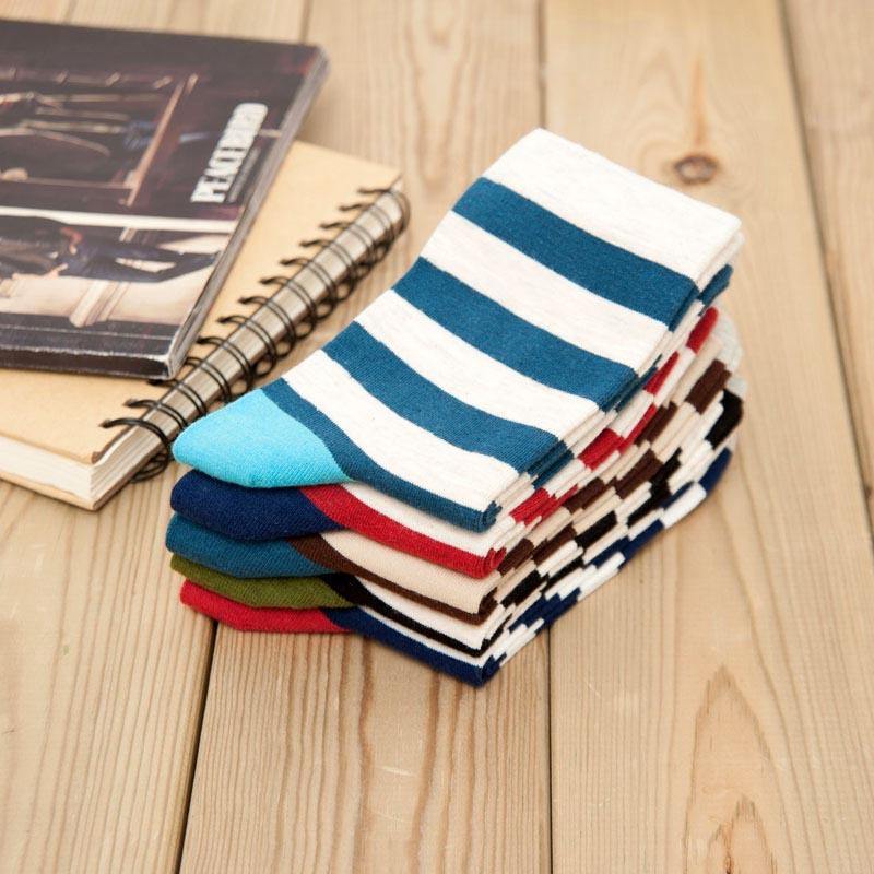 Mens Casual Crew Cotton Socks Stripes Pattern Socks Set 5 Pairs - CHALIER