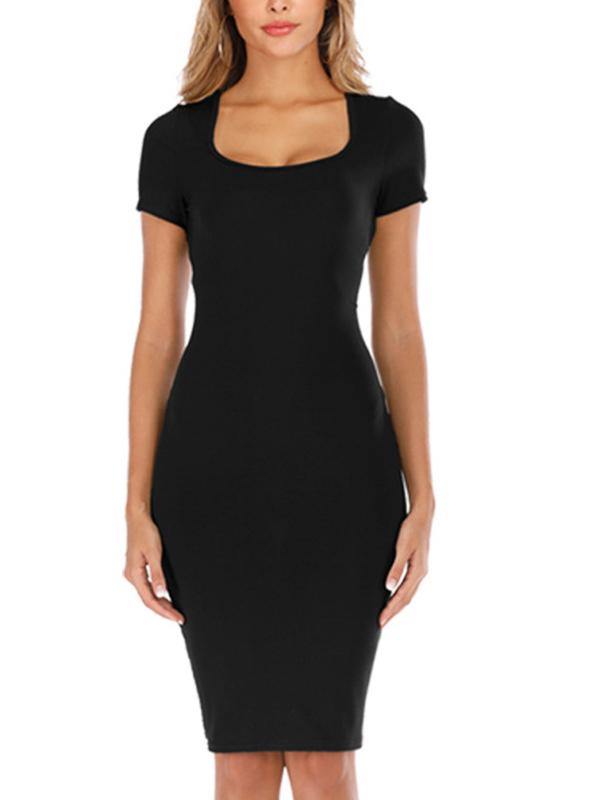 Women's Elegant Sheath Dress Short Sleeve Square-cut Collar High Waist Midi Dress - CHALIER