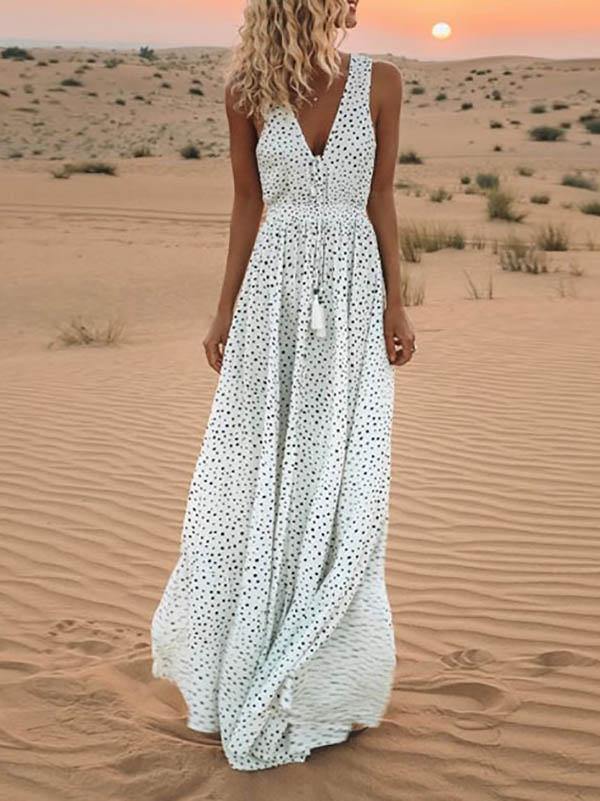 Polka Dots Sleeveless V-Neck Boho Maxi Dress Holiday - CHALIER