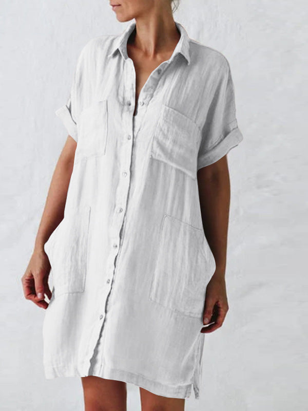 Women's Cotton Linen Asymmetrical Mini Dress Plus Size Casual Shirt Dress Half Sleeve
