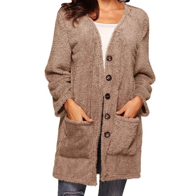 Fuzzy Plain Pockets Solid Women's Warmest Cardigan - CHALIER