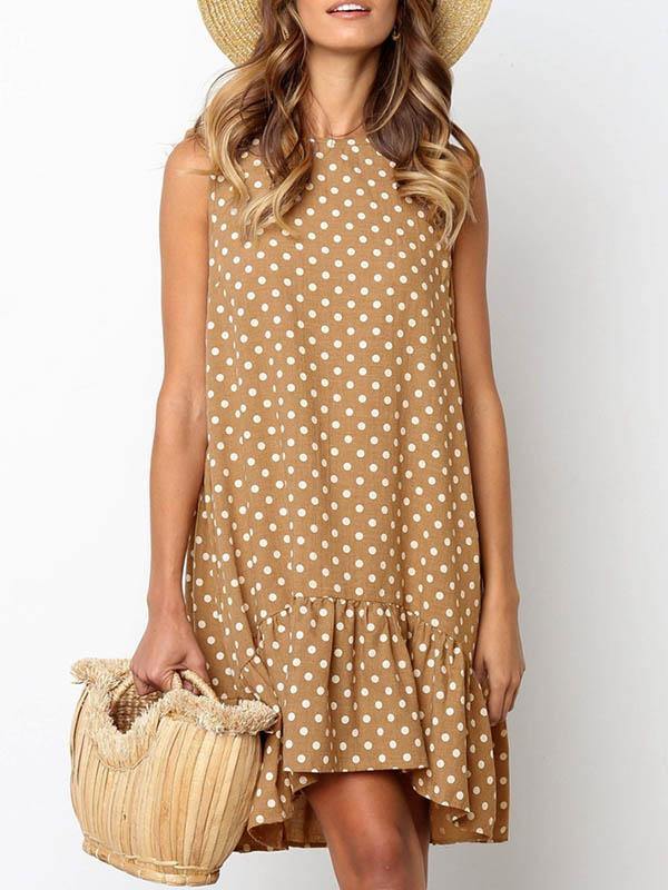 Women's Polka Dot Sleeveless Loose Flounced Dress Holiday - CHALIER