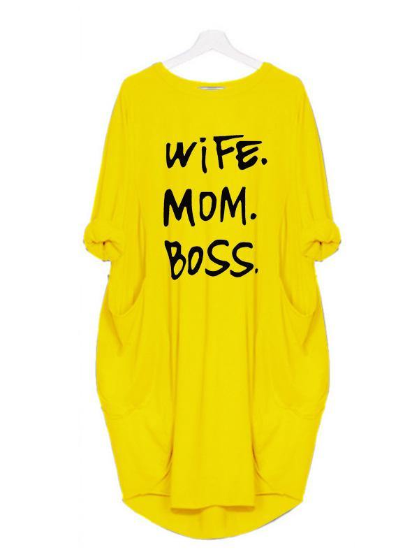 Women's Casual Cotton Letter Prints Loose Tee Dress Pocket Midi Dress Plus Size - CHALIER