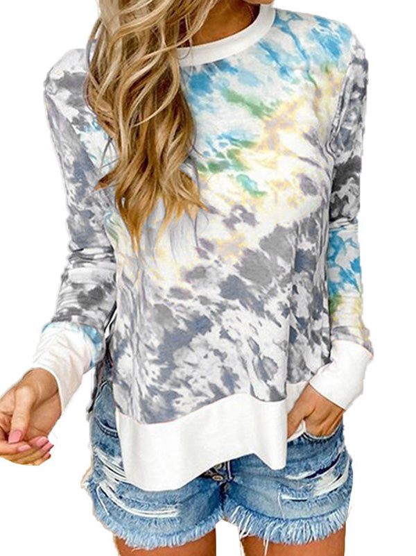 Women's Tie-Dye Floral Prints Long Sleeve T-Shirt Round-Neck