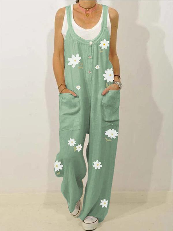 Women's Cotton Floral Prints Overalls Loose Plus Size Jumpsuits - CHALIER