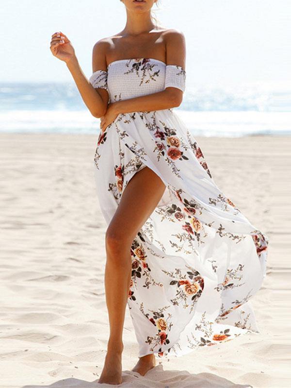 Women's Floral Printed Maxi Beach Dress Long Bohemian Split Tee Dress Plus Size - CHALIER
