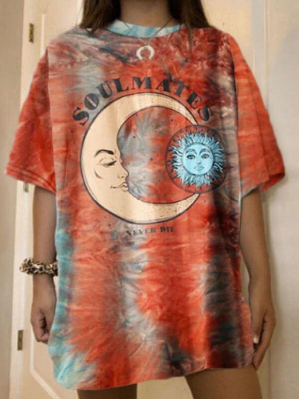 Women Soulmate Printed Tie Dye Crew Neck T-Shirt - CHALIER