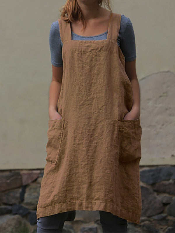 Womens Cotton Linen Loose Apron Pinafore Dress Square Neck Plus Size