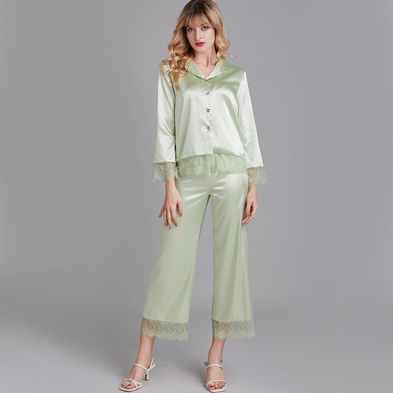 Satin Pajamas Set 2 Piece Women's V-Neck Sleepwear Set with Lace Trim Pj Set Loungewear