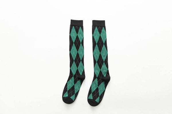 Womens Geometric Calf Socks Knee-length Cotton English Vintage Stockings Green - CHALIER