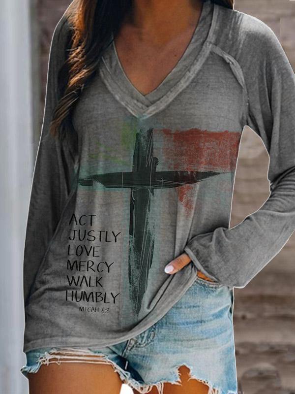 Ladies Art Cross Printed V-Neck Casual Long-Sleeved T-shirt - CHALIER