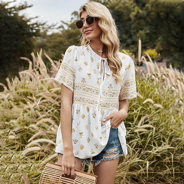 Women's Floral Crew Neck Short Sleeve T-Shirt - CHALIER