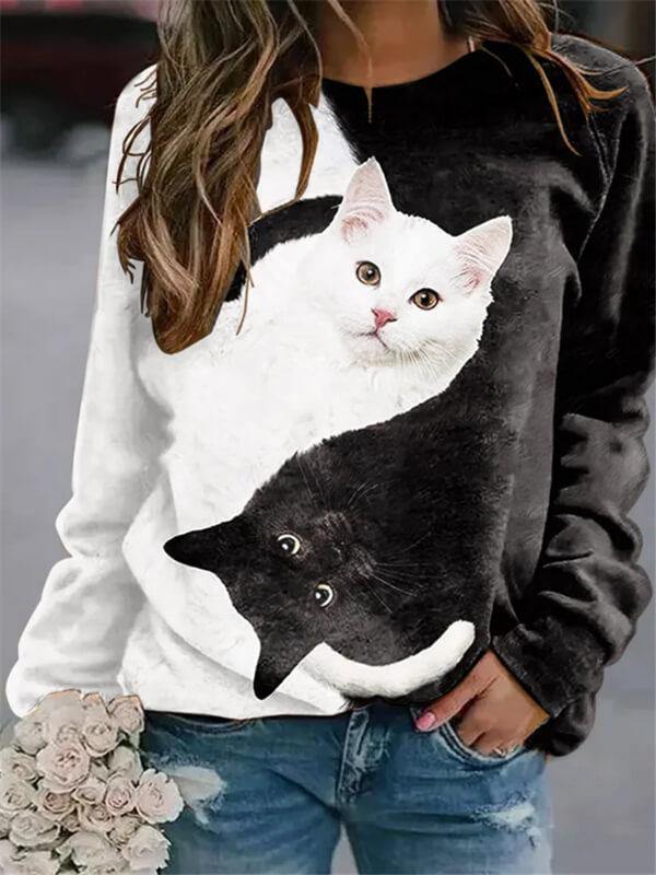 Women YinYan Cat Cotton-Blend Casual Sweatshirt - CHALIER