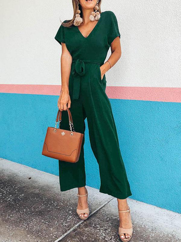 Women's Elegant  High Waist V-Neck Short Sleeve Jumpsuit Solid Color - CHALIER
