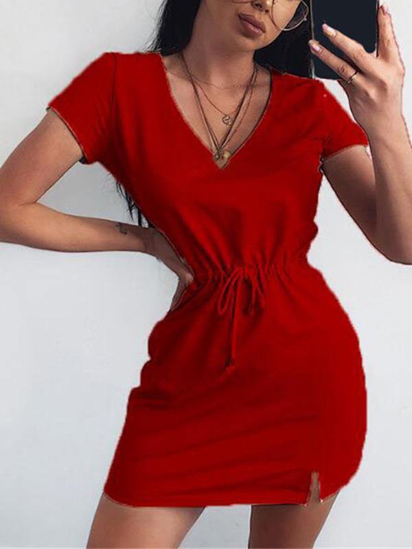 Women's Casual Drawstring A-line Short Sleeve V-Neck Mini Tee Dress - CHALIER