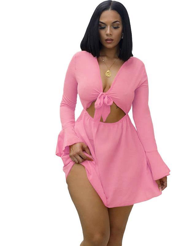 Women's Sexy Ultra-thin Beach Mini Dress Long Sleeve V-Neck Bowknot - CHALIER