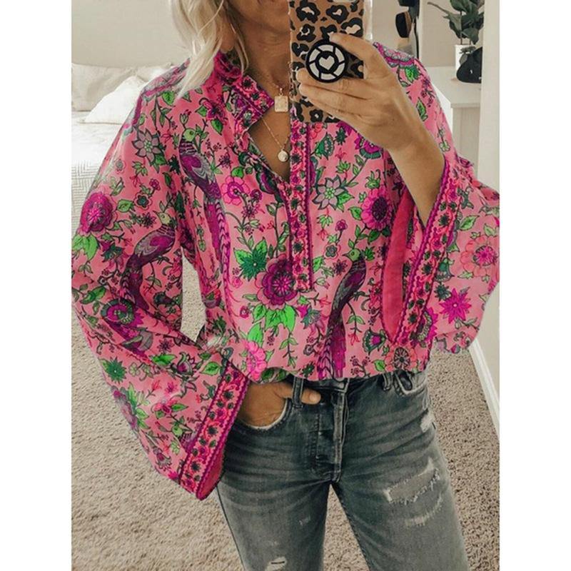 Women Floral Printed Long Sleeve Blouse - CHALIER